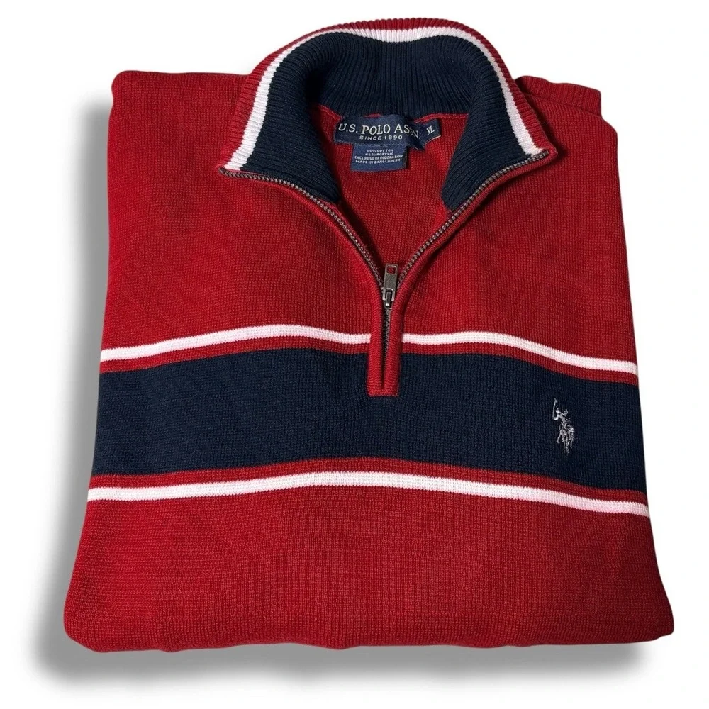 US‎ Polo Assn Men's Sweater Size XL Long Sleeve 1/4 Zip Red White Blue Preppy - Picture 2 of 7